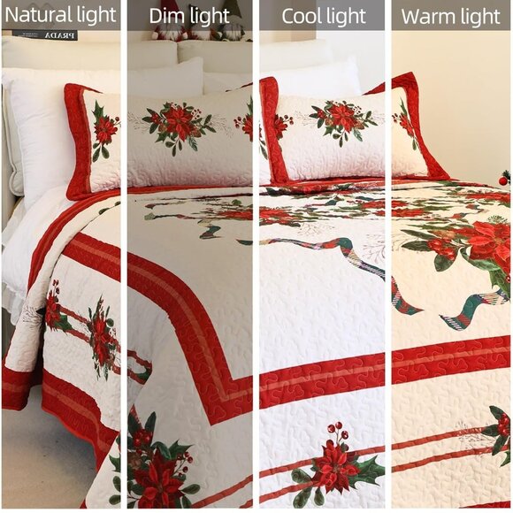 NEW! Quilt Christmas Theme Bedding Set with Pillow Shams Reversible Red Floral - Picture 5 of 8